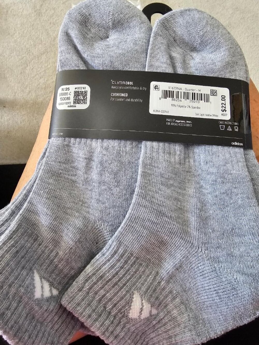 Adidas 6 pk, 6 pair quarter socks, gray new womens